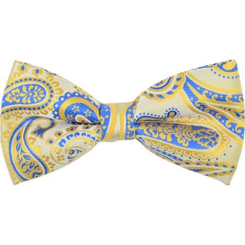 Classico Italiano Gold / Royal Blue Paisley Design 100% Silk Bow Tie / Hanky Set